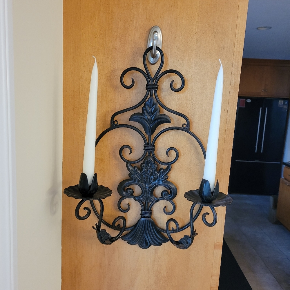 Wrought Metal Floral & Scroll Double Candle Sconce
